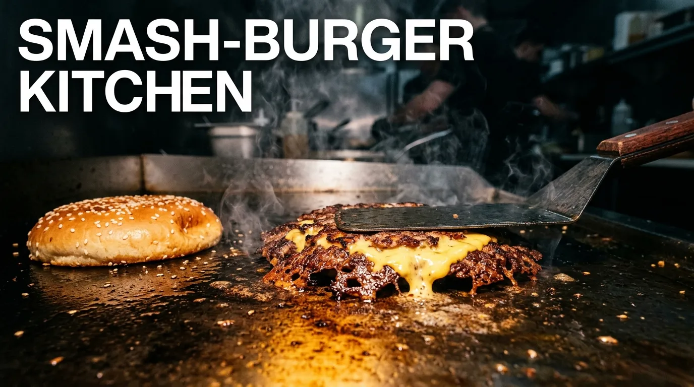 A smashed burger searing on a flat-top griddle